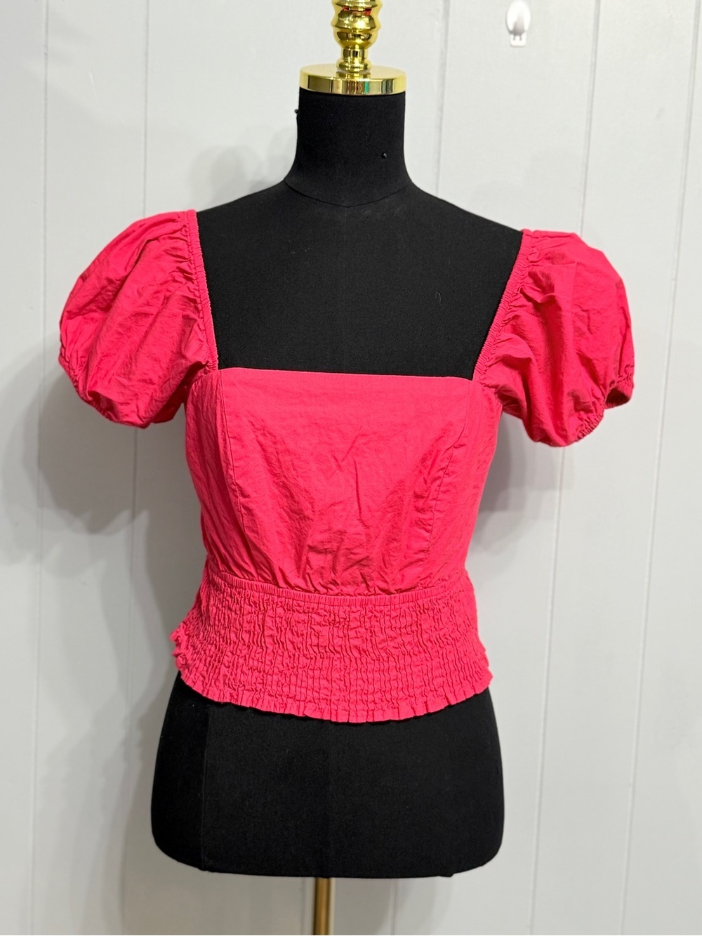 #19)  Square Neck Pink Puff Sleeve Crop Top with Smocked Waist
